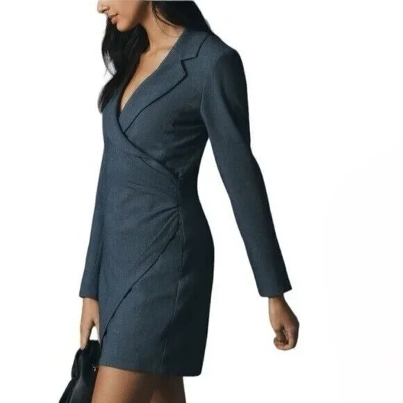 ANTHROPOLOGIE Long Sleeve V Neck Blazer Mini Dress Navy Size 16 NEW